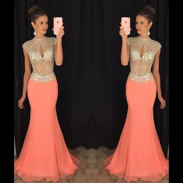 2019 new coral mermaid prom dresses cap sleeve bling bling rhinestone keyhole bust chiffon evening dresses illusion formal evening gowns, Black
2019 new coral mermaid prom dresses cap sleeve bling bling rhinestone keyhole bust chiffon evening dresses illusion formal evening gowns, Black