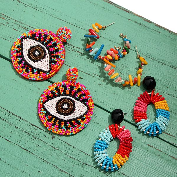 flatfoosie handmade beaded big dangle earrings women boho fashion eyes round resin acrylic unique geometric drop earring jewelry, Silver