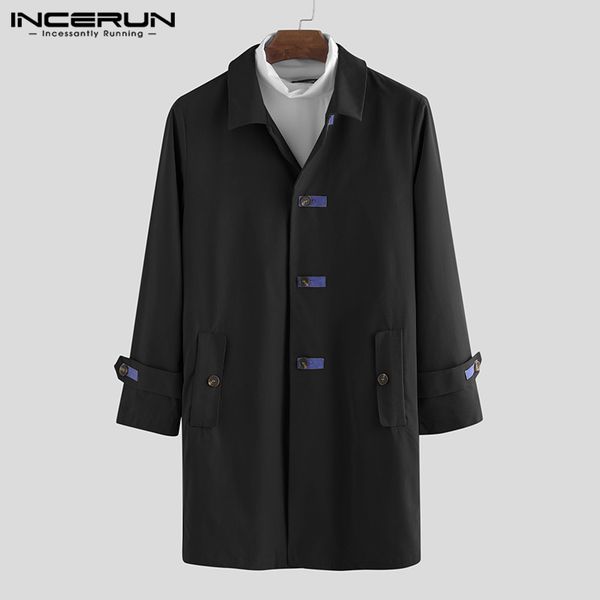 

incerun streetwear solid color trench men fashion lapel long sleeve casual jackets trend joker mens single breasted windbreaker, Tan;black