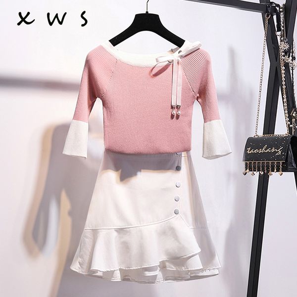 2019 spring summer women set fashion half sleeve bow slash neck kint sweater + mermaid skirt women suit female size s-xl, White
2019 spring summer women set fashion half sleeve bow slash neck kint sweater + mermaid skirt women suit female size s-xl, White