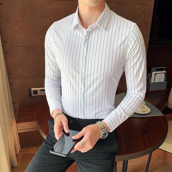 fashion brand men shirt striped long sleeve dress shirt white formal slim fit male blouse business social black smart casual, White;black
fashion brand men shirt striped long sleeve dress shirt white formal slim fit male blouse business social black smart casual, White;black