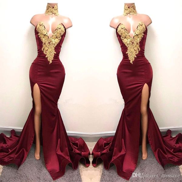 arabic burgundy prom dresses evening high neck gold lace appliqued sleeveless mermaid front split elegant formal party gowns, Black
arabic burgundy prom dresses evening high neck gold lace appliqued sleeveless mermaid front split elegant formal party gowns, Black