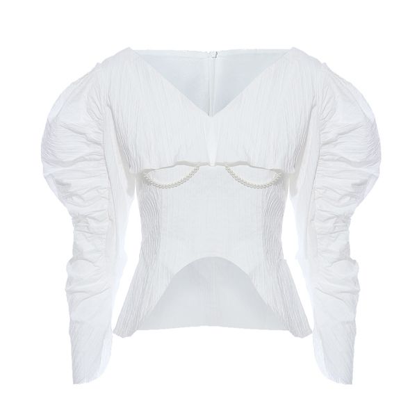 pleated chicken leg sleeves v-neck pearl decoration embellished shirt 0504, White
pleated chicken leg sleeves v-neck pearl decoration embellished shirt 0504, White