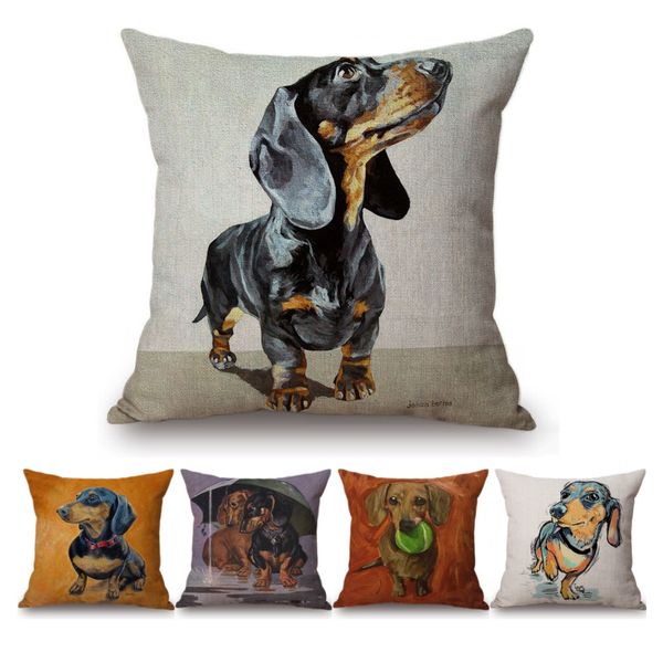 

oil painting dachshund dog chair pillow cotton linen home decorative doxie pet puppy dogs cute cushion living room car pillows