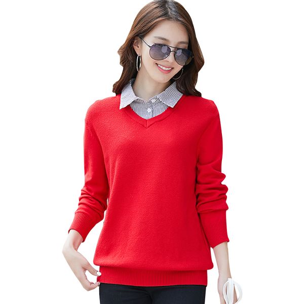 new spring faux two piece stripe shirt collar sweater long sleeve 2019 autumn pullovers women out knitwear, White;black
new spring faux two piece stripe shirt collar sweater long sleeve 2019 autumn pullovers women out knitwear, White;black