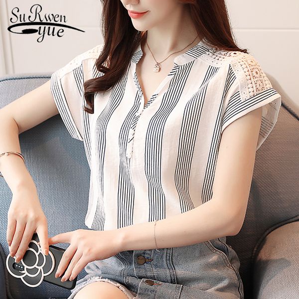 2019 summer chiffon women blouse shirts short sleeve striped blouses women' blusas fashion v-neck women's clothing d635 30, White
2019 summer chiffon women blouse shirts short sleeve striped blouses women' blusas fashion v-neck women's clothing d635 30, White