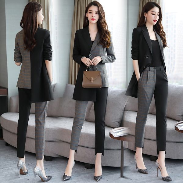 set female new 2018 autumn and winter women's two-piece fashion irregular stitching lapel suit jacket + wild slim nine pants, Gray
set female new 2018 autumn and winter women's two-piece fashion irregular stitching lapel suit jacket + wild slim nine pants, Gray