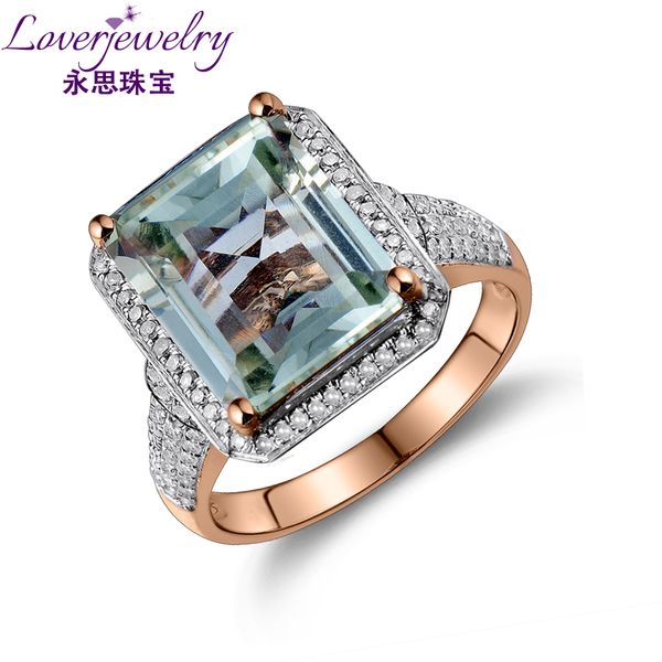 

loverjewelry ring for women emerald cut green gemstone 100% natural amethyst diamond engagement ring solid 14k rose gold jewelry, Golden;silver