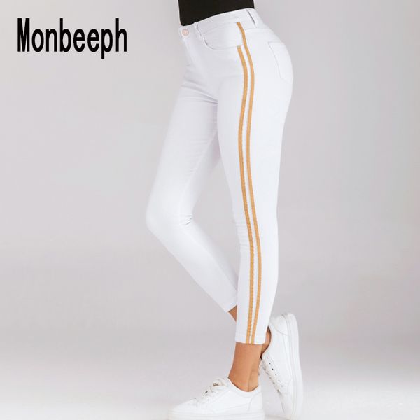 monbeeph high waist jeans woman side striped patchwork skinny jeans all matched casual pants slim white slim, Blue 
monbeeph high waist jeans woman side striped patchwork skinny jeans all matched casual pants slim white slim, Blue