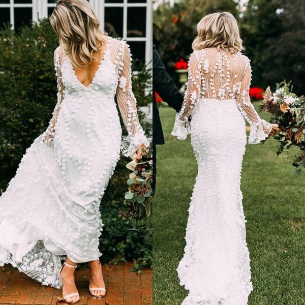 delicate lace bohemian mermaid wedding dresses v neck long sleeve sweep train covered button beach garden wedding gowns, White
delicate lace bohemian mermaid wedding dresses v neck long sleeve sweep train covered button beach garden wedding gowns, White