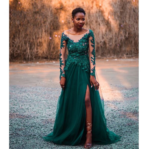 emerald green tulle formal prom dresses long a-line african evening gowns long sleve appliques beaded leg slit dinner gown, Black
emerald green tulle formal prom dresses long a-line african evening gowns long sleve appliques beaded leg slit dinner gown, Black