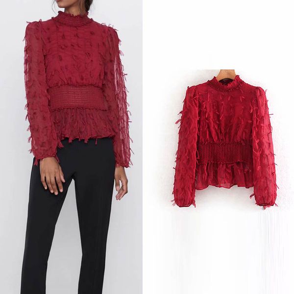 elegant women blouse red translucent puff sleeve feather casual shirts tight waist slim female blouses chic, White
elegant women blouse red translucent puff sleeve feather casual shirts tight waist slim female blouses chic, White