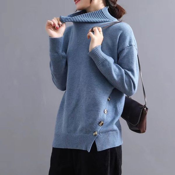 2019 loose knit sweater female hedging hem button split high collar knit sweater women's clothing, White;black
2019 loose knit sweater female hedging hem button split high collar knit sweater women's clothing, White;black