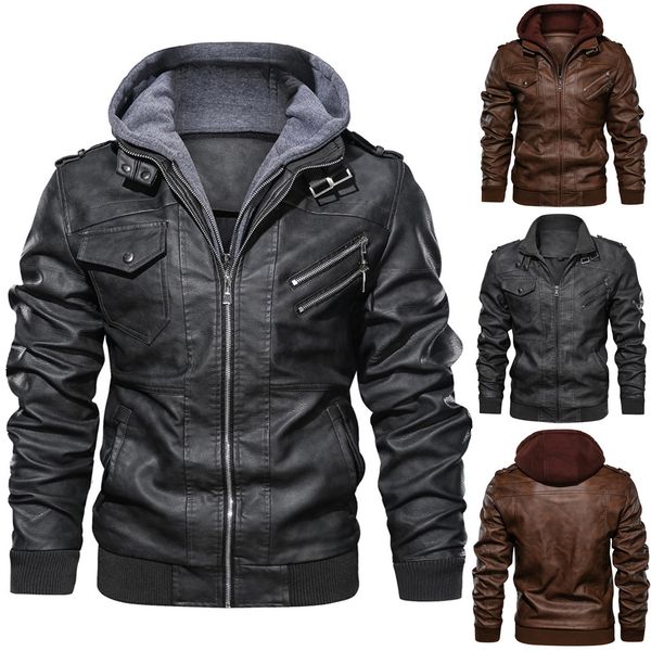 men's autumn winter coat with hat detachable pure color imitation leather coat for men, Black
men's autumn winter coat with hat detachable pure color imitation leather coat for men, Black