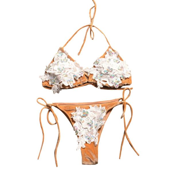 2pcs women rhinestone lace bandage padded bra bikini set swimsuit swimwear, White;black