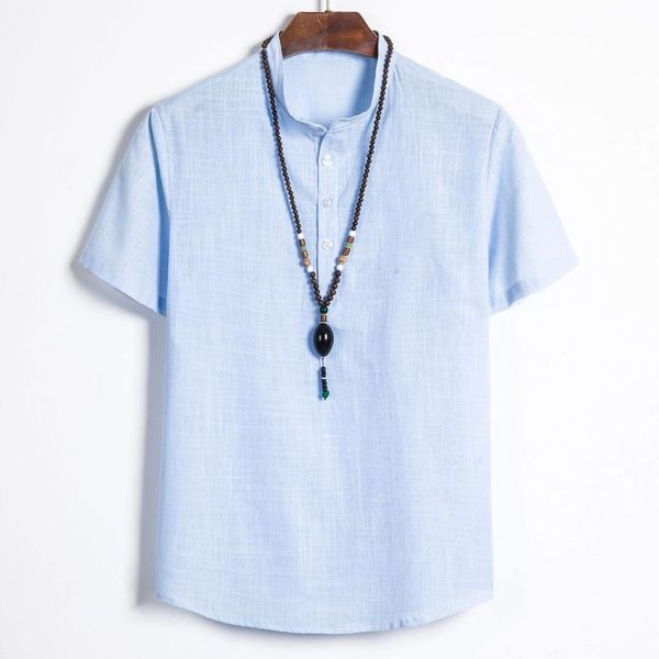 men's wear flax short sleeve stand collar shirt male, White;black 
men's wear flax short sleeve stand collar shirt male, White;black