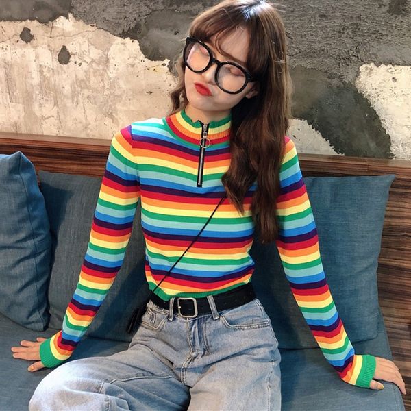 2019 new female early autumn slim slimming long-sleeved sweater fashion rainbow striped half-high collar bottoming shirt, White;black
2019 new female early autumn slim slimming long-sleeved sweater fashion rainbow striped half-high collar bottoming shirt, White;black