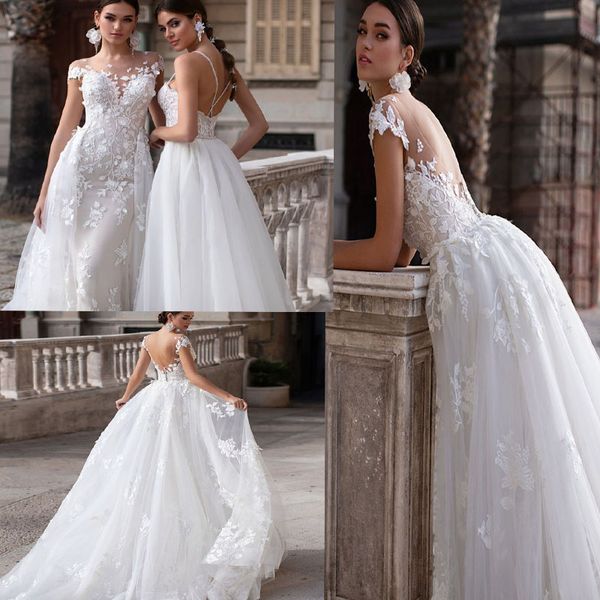 designer mermaid style beach wedding dresses with overskirt train illusion neck lace applique boho wedding dresses backless bridal gown, White
designer mermaid style beach wedding dresses with overskirt train illusion neck lace applique boho wedding dresses backless bridal gown, White