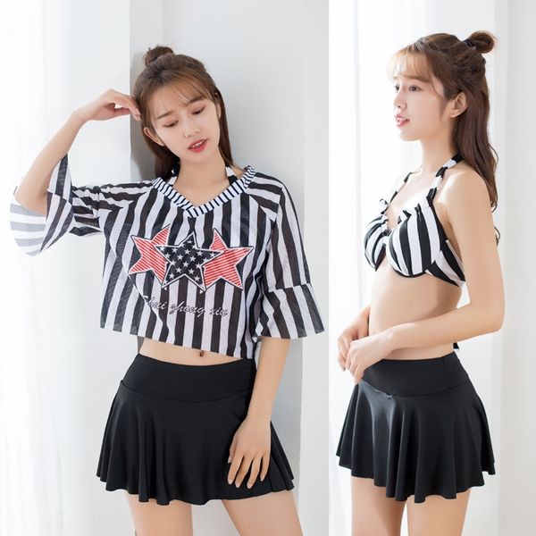2020 women's swimsuit three-piece set steel holder gathered split skirt student spring swimsuit, White;black
2020 women's swimsuit three-piece set steel holder gathered split skirt student spring swimsuit, White;black
