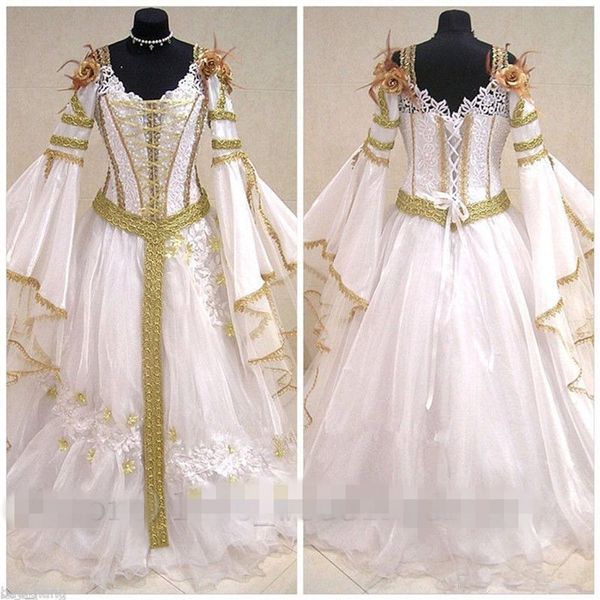 2020 medieval vintage wedding dresses celtic halloween long sleeve gold lace appliques back lace up plus size bridal gown, White
2020 medieval vintage wedding dresses celtic halloween long sleeve gold lace appliques back lace up plus size bridal gown, White