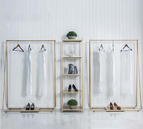 Floor Type Hanger Nordic Simplicity Style Shopping Racks In Clothing Stores Golden Side Hanging Garment Rack Floor Fashion Hanger For Lady