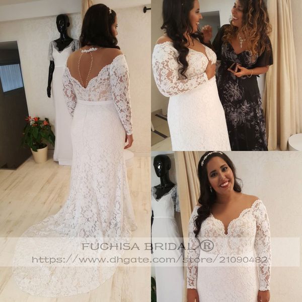 sheer neck overall lace plus size wedding dress long sleeves country bridal gown dress for brides custom made, White
sheer neck overall lace plus size wedding dress long sleeves country bridal gown dress for brides custom made, White