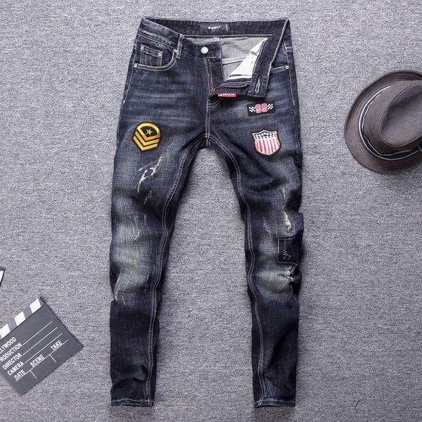 men's jeans italian style fashion men patches ripped vintage denim pants streetwear hip hop homme, Blue
men's jeans italian style fashion men patches ripped vintage denim pants streetwear hip hop homme, Blue