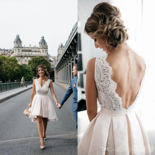 a-line short wedding dress knee-length lace appliques backless bridal gown satin v-neck wedding dresses custom made, White
a-line short wedding dress knee-length lace appliques backless bridal gown satin v-neck wedding dresses custom made, White
