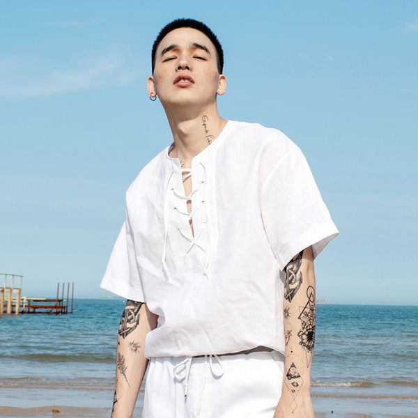 xs-6xl 2020 new men's clothing hair stylist shoulder drop big v collar tether cotton linen shirt plus size singer costumes, White;black
xs-6xl 2020 new men's clothing hair stylist shoulder drop big v collar tether cotton linen shirt plus size singer costumes, White;black