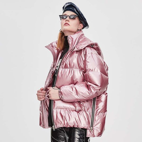 long sleeve jackets women silver glossy hooded loose thicken zipper white duck bread down coat, Black
long sleeve jackets women silver glossy hooded loose thicken zipper white duck bread down coat, Black