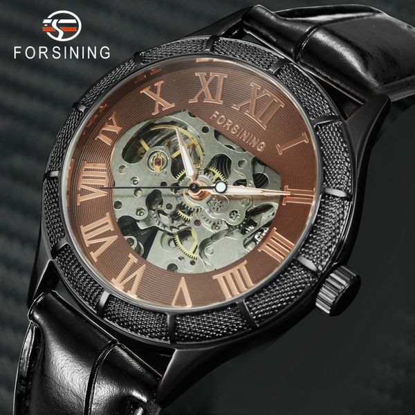 

winner classic dress automatic mechanical men watch skeleton roman numerals dial chic design fashion wristwatch, Slivery;brown