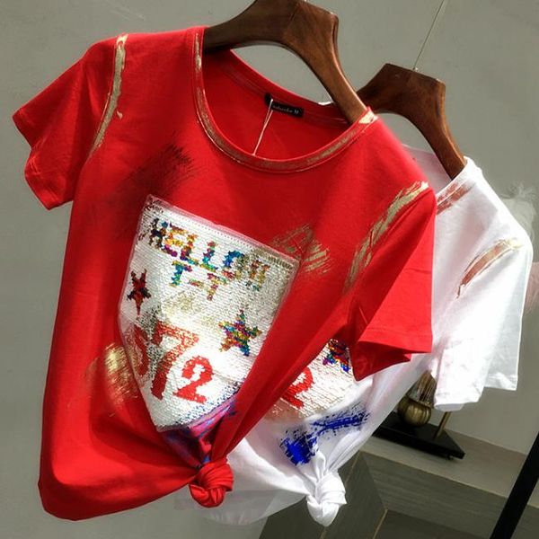 short-sleeved t-shirt summer 2019 new fashion women sequins short sleeve cotton diamond tees, White
short-sleeved t-shirt summer 2019 new fashion women sequins short sleeve cotton diamond tees, White