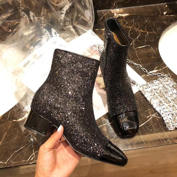 

chic two-tone shoes woman patent leather & sequined cloth boots women autumn winter genuine leather square toe ankle boots, Black