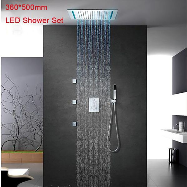 360*500mm remote control 16 color change led light shower head set rainfall recessed ceiling mounted shower thermostatic mixer
360*500mm remote control 16 color change led light shower head set rainfall recessed ceiling mounted shower thermostatic mixer