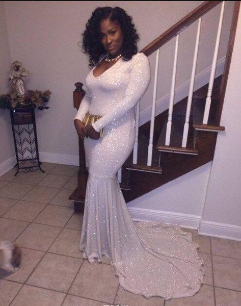 sparkly sequined white mermaid prom dresses 2018 new long sleeve v neck sweep strain formal evening dress party gowns custom made plus size, Black
sparkly sequined white mermaid prom dresses 2018 new long sleeve v neck sweep strain formal evening dress party gowns custom made plus size, Black