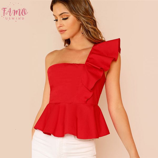 ruffle trim one shoulder peplum female red summer blouse women shirts slim fit elegant womens and blouses, White
ruffle trim one shoulder peplum female red summer blouse women shirts slim fit elegant womens and blouses, White