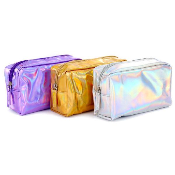 solid holographic faux leather laser bag makeup cosmetic bag pencil case zipper