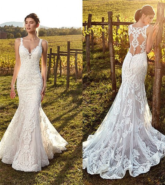 2019 summer mermaid wedding dresses sheer back full lace beach bridal gowns formal dresses for bohemian wedding gowns custom made, White
2019 summer mermaid wedding dresses sheer back full lace beach bridal gowns formal dresses for bohemian wedding gowns custom made, White