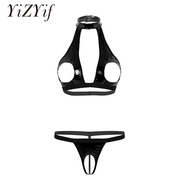women lingerie open bra wet look faux leather halter neck hollow out bust bra with crotchless g-string thongs underwear, Red;black
women lingerie open bra wet look faux leather halter neck hollow out bust bra with crotchless g-string thongs underwear, Red;black