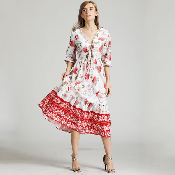 beforw women summer boho chic beach dress v neck lace up floral print midi dresses 2019 female elegant party dress vestidos, Black;gray
beforw women summer boho chic beach dress v neck lace up floral print midi dresses 2019 female elegant party dress vestidos, Black;gray