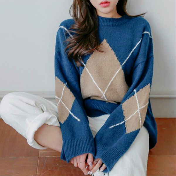 women autumn winter long sleeve plaid long sweater elastic cozy knitted pullovers round collar jumper loose outerwear, White;black
women autumn winter long sleeve plaid long sweater elastic cozy knitted pullovers round collar jumper loose outerwear, White;black