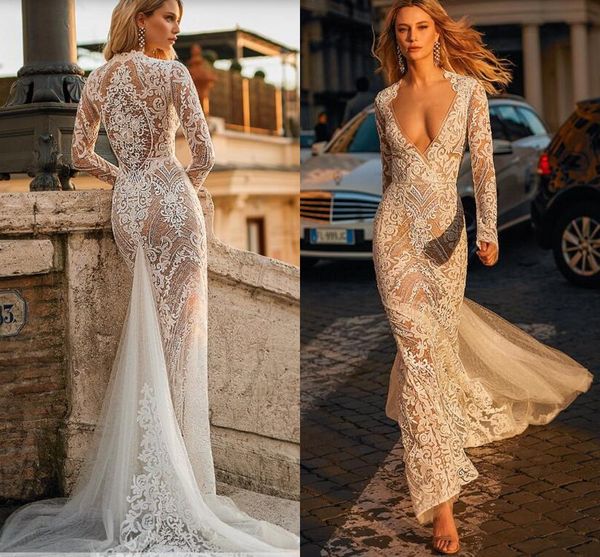 2019 berta mermaid long sleeve wedding dresses modern lace floral v-neck full length beach holiday dancing bridal wedding gown, White
2019 berta mermaid long sleeve wedding dresses modern lace floral v-neck full length beach holiday dancing bridal wedding gown, White