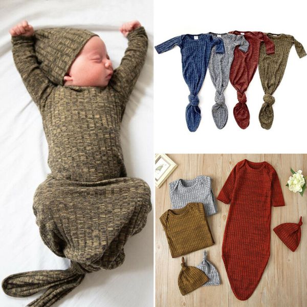 infant baby girl solid knitted swaddle wrap blanket sleeping bag+hat set 0-1y