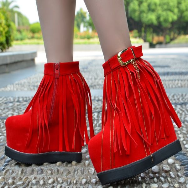 15cm super high heel short boots muffin bottom womens shoe fringed wedges thick bottom women's boots within increased snow, Black
15cm super high heel short boots muffin bottom womens shoe fringed wedges thick bottom women's boots within increased snow, Black