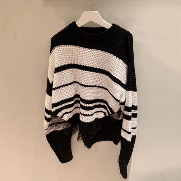 2020 new women's knitting long sleeve sleeve splicing lace stripe temperament sweater, White;black
2020 new women's knitting long sleeve sleeve splicing lace stripe temperament sweater, White;black