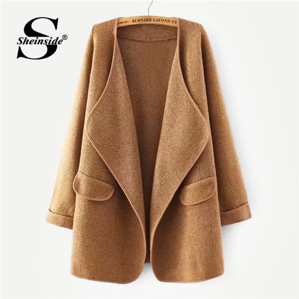 

sheinside camel solid waterfall cuffed sweater cardigan women long sleeve outerwear clothes autumn 2018 casual ladies long coat, White