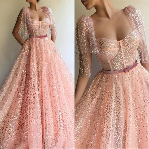 dubai peach sequined sashes evening dresses 2020 sweetheart short sleeves sparkle tulle prom dress customize color size, Black;red
dubai peach sequined sashes evening dresses 2020 sweetheart short sleeves sparkle tulle prom dress customize color size, Black;red