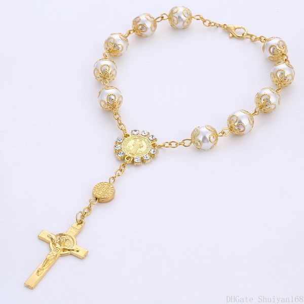 jesus cross rosary bracelet pearl charm 10mm bead women men vintage glass pearl beaded bangle jewelry halloween christmas gift, Golden;silver
jesus cross rosary bracelet pearl charm 10mm bead women men vintage glass pearl beaded bangle jewelry halloween christmas gift, Golden;silver