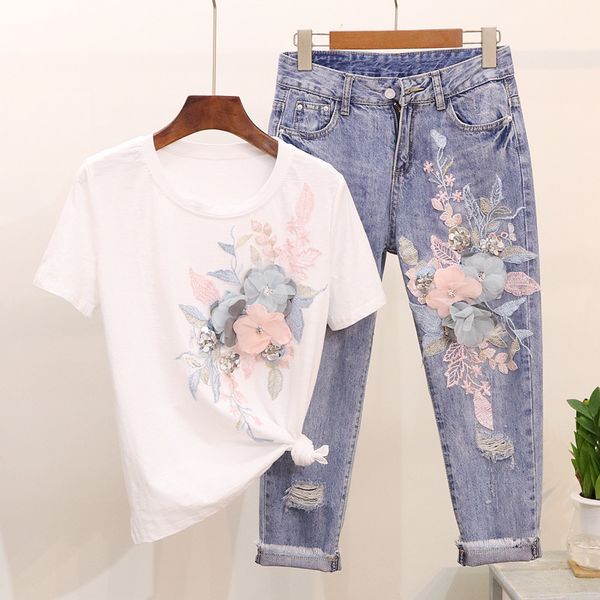 high quality women's two pieces sets 2019 new fashion embroidery sequins harajuku suit stereo flowers sweet style clothing jeans, White
high quality women's two pieces sets 2019 new fashion embroidery sequins harajuku suit stereo flowers sweet style clothing jeans, White