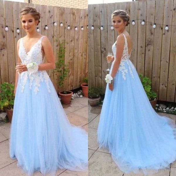deep v-neck lace prom dresses 2019 with appliques light sky blue sweep train tulle formal evening party gowns, Black
deep v-neck lace prom dresses 2019 with appliques light sky blue sweep train tulle formal evening party gowns, Black